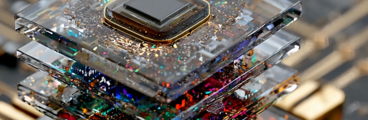 An exploded view of three stacked glass plates under a silicon die.